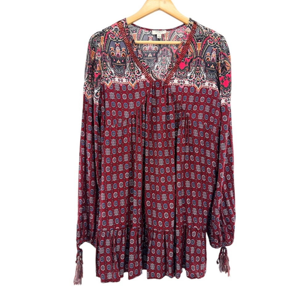 Umgee Burgundy Paisley Mixed Print Tassel Boho Babydoll Tunic Top‎ L Peasant